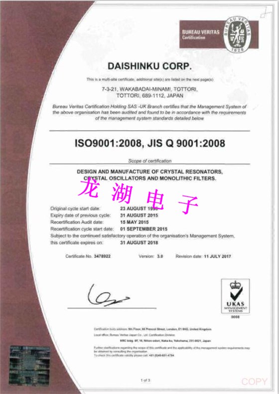 日本大真空ISO 9001:2008/JIS Q 9001:2008質(zhì)量認證